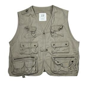 GAP Utility Vest Work Field Jacket Zip Front Snap Pockets Khaki Tan Mens Large